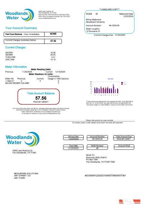 USA Woodlands water business utility bill Word and PDF template PSD template